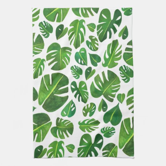Monstera Leaves tropical planten green gouache Theedoek (Verticaal)