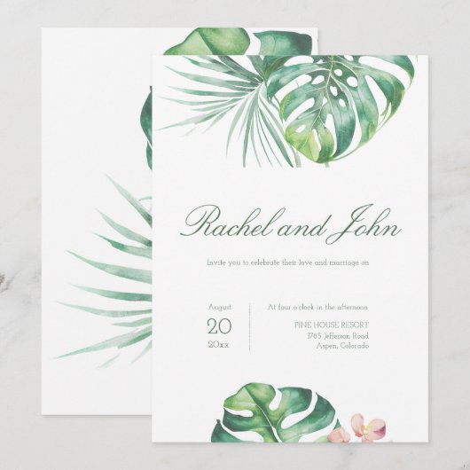 Monstera Leaves Tropical Wedding Invitation Kaart (Voorkant / Achterkant)