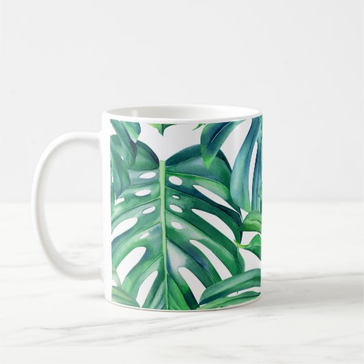 Monstera Leaves: Waterverf Oerwoud. Koffiemok (Links)