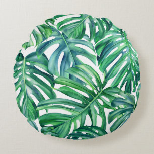 Monstera Leaves: Waterverf Oerwoud. Rond Kussen