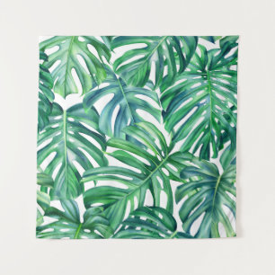 Monstera Leaves: Waterverf Oerwoud. Wandkleed