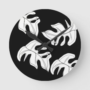 Monstera Line Art Hand Drawn Gesture Black White Ronde Klok