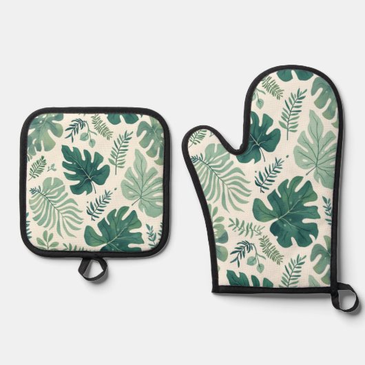 Monstera Mood – Tropisch blad Ovenwant & Pannenlap Set (Voorkant)