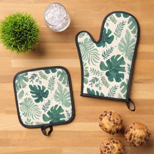 Monstera Mood – Tropisch blad Ovenwant & Pannenlap Set (Top down)