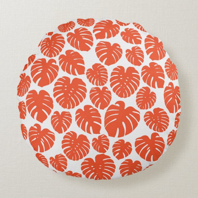 Monstera - Oranje en wit Rond Kussen (Voorkant)