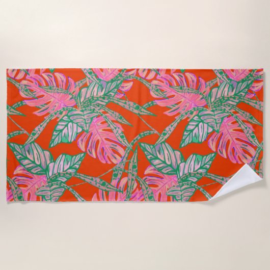 Monstera palm coleus blad tropisch rood groen roze strandlaken (Voorkant)