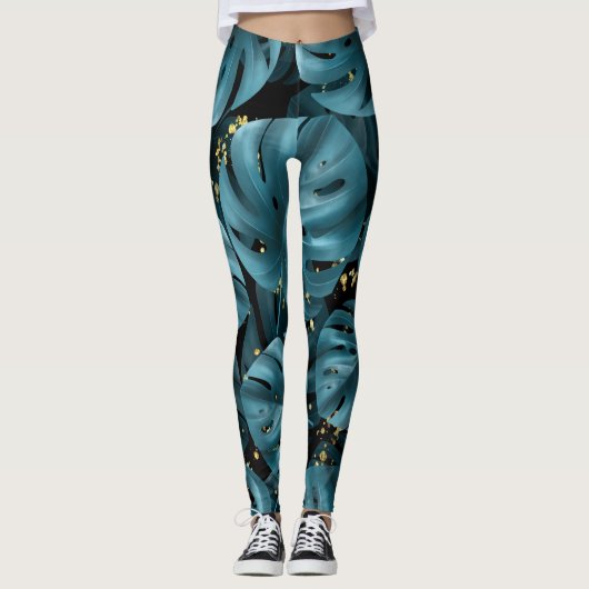 Monstera Palm, Golden Splash Naadloos. Leggings (Voorkant)
