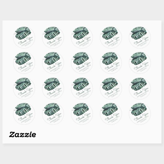 Monstera Palm Leaf Tropische bruiloft dank u Ronde Sticker (Vel)