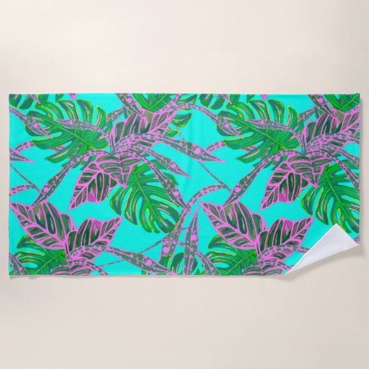 Monstera Palmblad coleus tropisch turquoise roze Strandlaken (Voorkant)