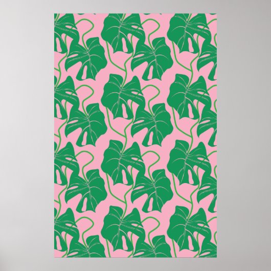 Monstera patroon in roze en groen poster (Voorkant)