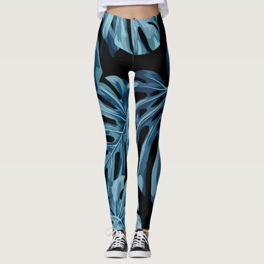 Monstera plant: blauw blad patroon. leggings (Voorkant)