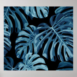 Monstera plant: blauw blad patroon. poster