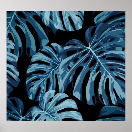 Monstera plant: blauw blad patroon. poster (Voorkant)