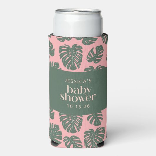 Monstera Plant Botanisch Roze Groen Baby shower Seltzer Blikjeskoeler (Seltzer Voorkant)