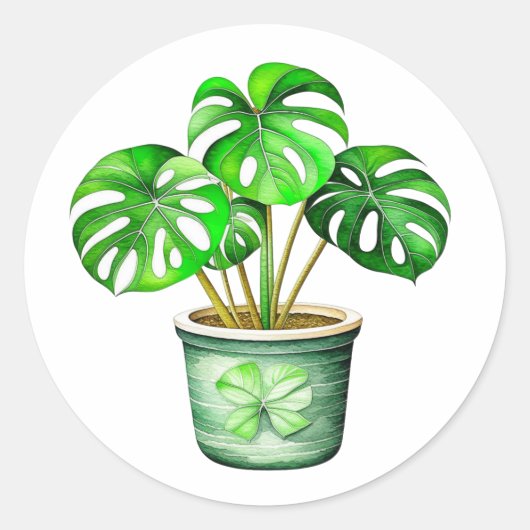 Monstera Plant in een Pot Waterverf Ai Art Ronde Sticker (Voorkant)