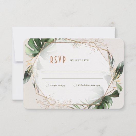 Monstera RSVP Wedding Insert Green & Gold Invitati Kaart (Voorkant)