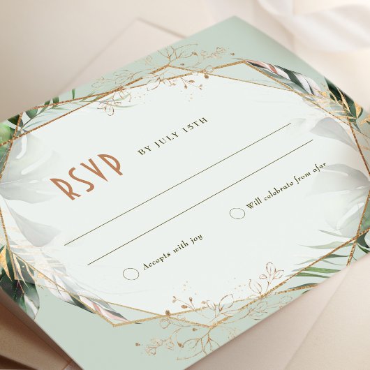 Monstera RSVP Wedding Insert Green & Gold Invitati Kaart