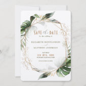Monstera Save The Date Green & Gold Wedding Kaart (Voorkant)