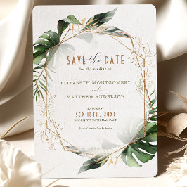 Monstera Save The Date Green & Gold Wedding Kaart