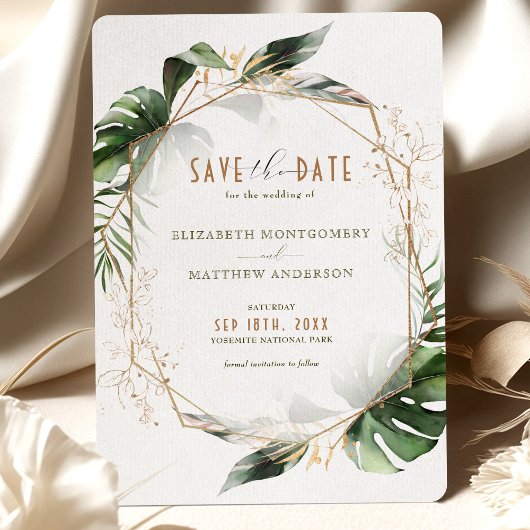 Monstera Save The Date Green & Gold Wedding Kaart