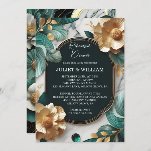 Monstera Smaragd Groen en Goud Repetitie Diner Kaart (Voorkant / Achterkant)