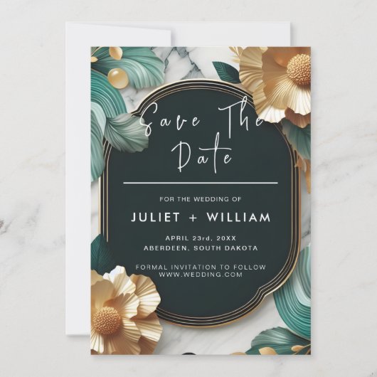 Monstera Smaragd Groene en Gouden Bruiloft Save The Date (Voorkant)