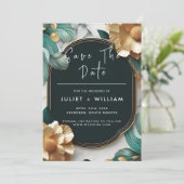 Monstera Smaragd Groene en Gouden Bruiloft Save The Date (Staand voorkant)