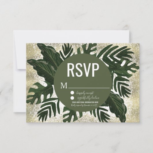 Monstera Tropical Faux Gold Splash RSVP Kaart (Voorkant)