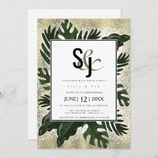 Monstera Tropical Faux Gold Splash Wedding Suite Kaart (Voorkant / Achterkant)