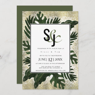 Monstera Tropical Faux Gold Splash Wedding Suite Kaart