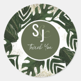 Monstera Tropical Faux Gold Splash Wedding Suite Ronde Sticker