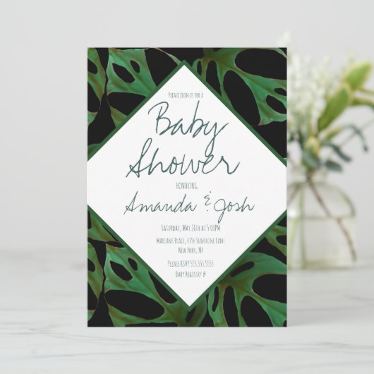Monstera Tropical Leaf Pattern Baby shower Black Kaart (Staand voorkant)