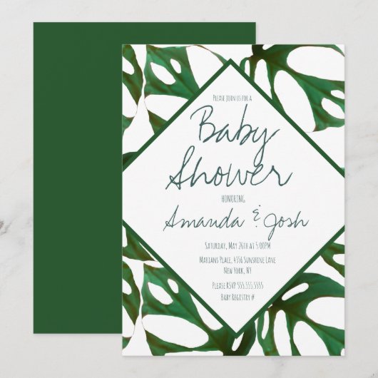 Monstera Tropical Leaf Pattern Baby shower Kaart (Voorkant / Achterkant)