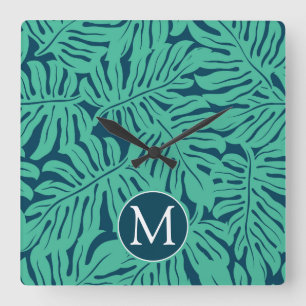 Monstera Tropical Leaf Pattern Monogram Vierkante Klok