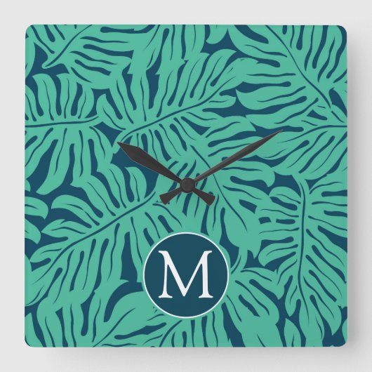 Monstera Tropical Leaf Pattern | Monogram Vierkante Klok (Voorkant)