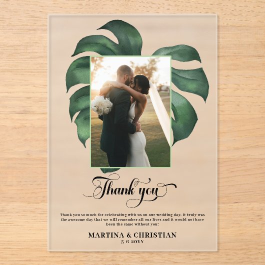 Monstera Tropical Leaf Wedding Bedankt Acryl Uitnodigingen (Voorkant)