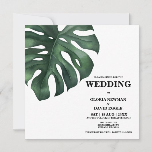 Monstera Tropical Palm Leaf Square Weddenschap Kaart (Voorkant)