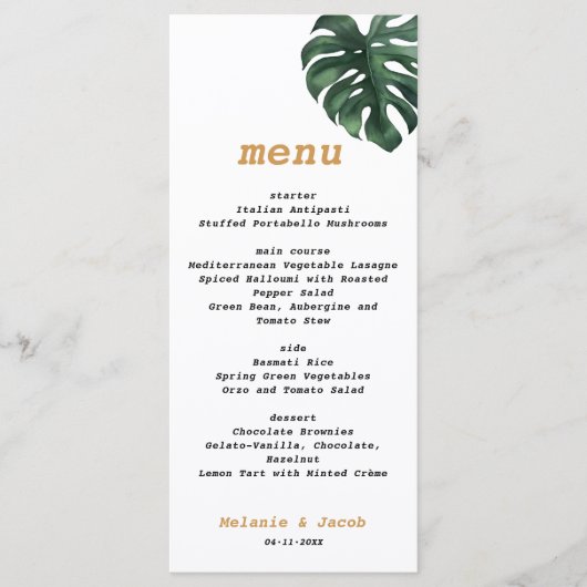 Monstera Tropical Palm Leaf Wedding Menu Kaart (Voorkant)