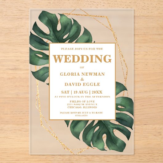 Monstera Tropical Palm Leaves Wedding Acryl Uitnodigingen (Voorkant)