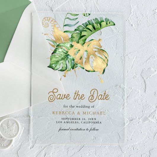 Monstera Tropical Palm Wedding Bewaar de datum Acryl Uitnodigingen