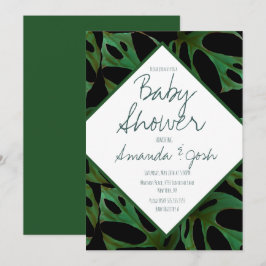 Monstera Tropisch Blad Patroon Baby Shower Zwart Kaart