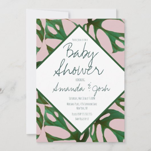 Monstera Tropisch Bladpatroon Baby Shower Uitnodig Kaart (Voorkant)