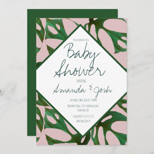 Monstera Tropisch Bladpatroon Baby Shower Uitnodig Kaart (Voorkant / Achterkant)