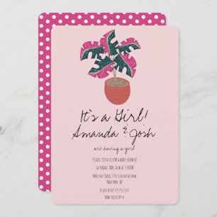 Monstera Tropisch Roze Stippen Meisjes Baby shower Kaart