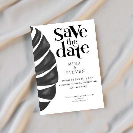 Monstera Tropische bloemen zwart-wit bruiloft S Save The Date