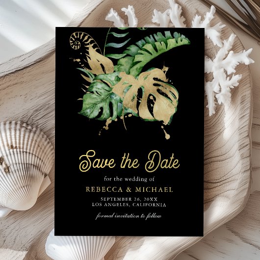Monstera Tropische Palm Foto Zwarte Huwelijk Save The Date