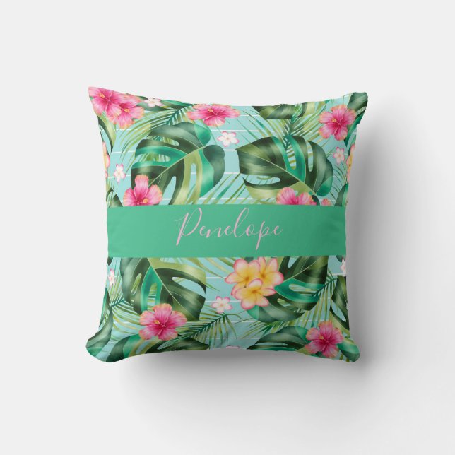 Monstera Varen Blad Roze Tropische Bloem Monogram Kussen (Voorkant)