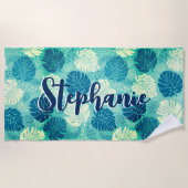 Monstera verlaat Tropical Waterverf Navy Blue Naam Strandlaken (Voorkant)