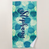 Monstera verlaat Tropical Waterverf Navy Blue Naam Strandlaken (Voorkant)