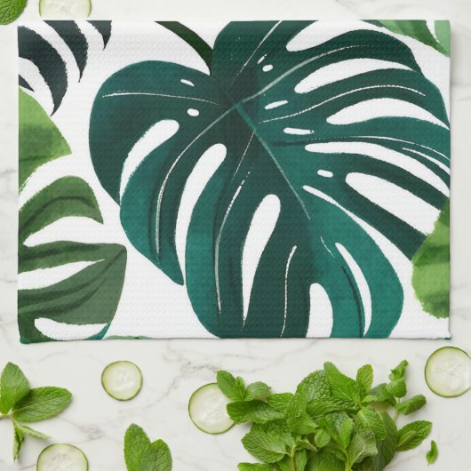 Monstera verlaat Waterverf Botanische Tropen Theedoek (Gevouwen)